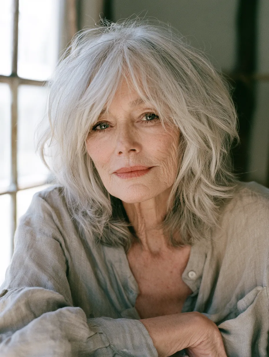 Women over 70 with a textured silver shag cut and curtain bangs in editorial beauty portrait
