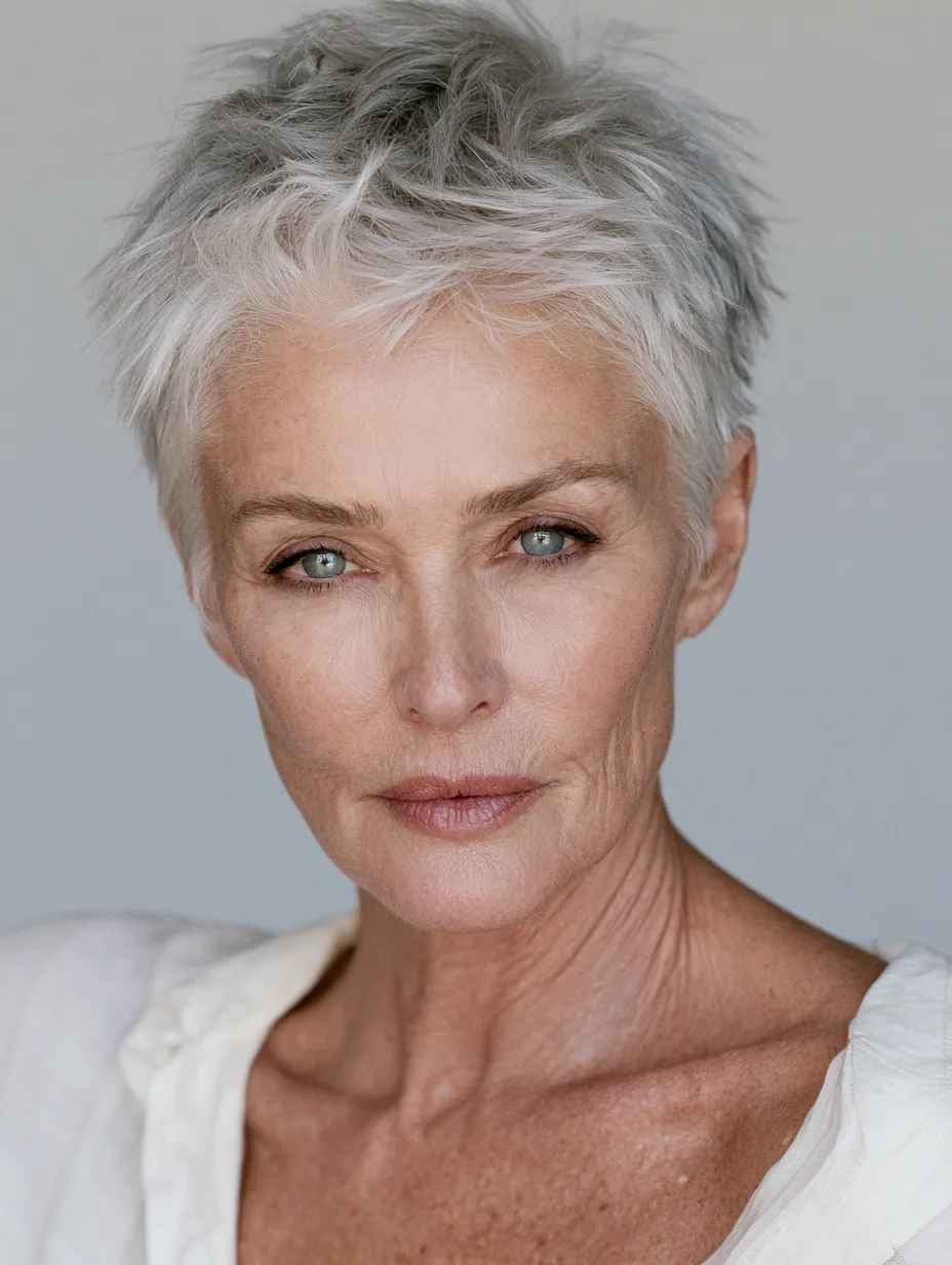 Elegant hairstyles for women over 70 featuring a polished silver pixie cut with soft layers