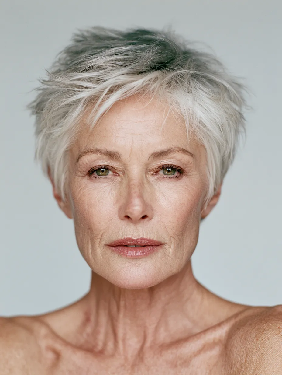 Short silver pixie haircut for women over 70 with natural texture and warm studio lighting