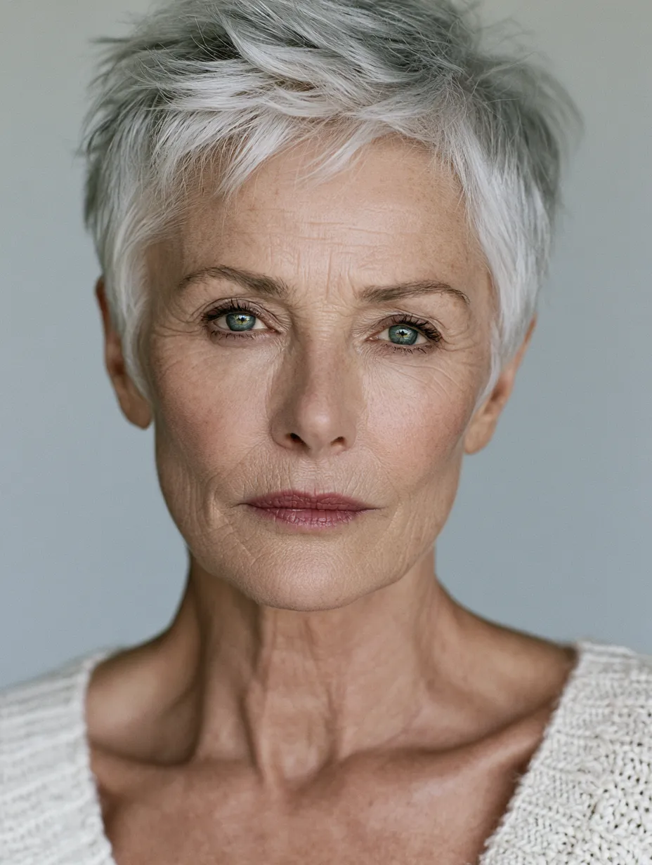 Women over 70 hairstyle inspiration with a sleek silver-white pixie and minimal makeup