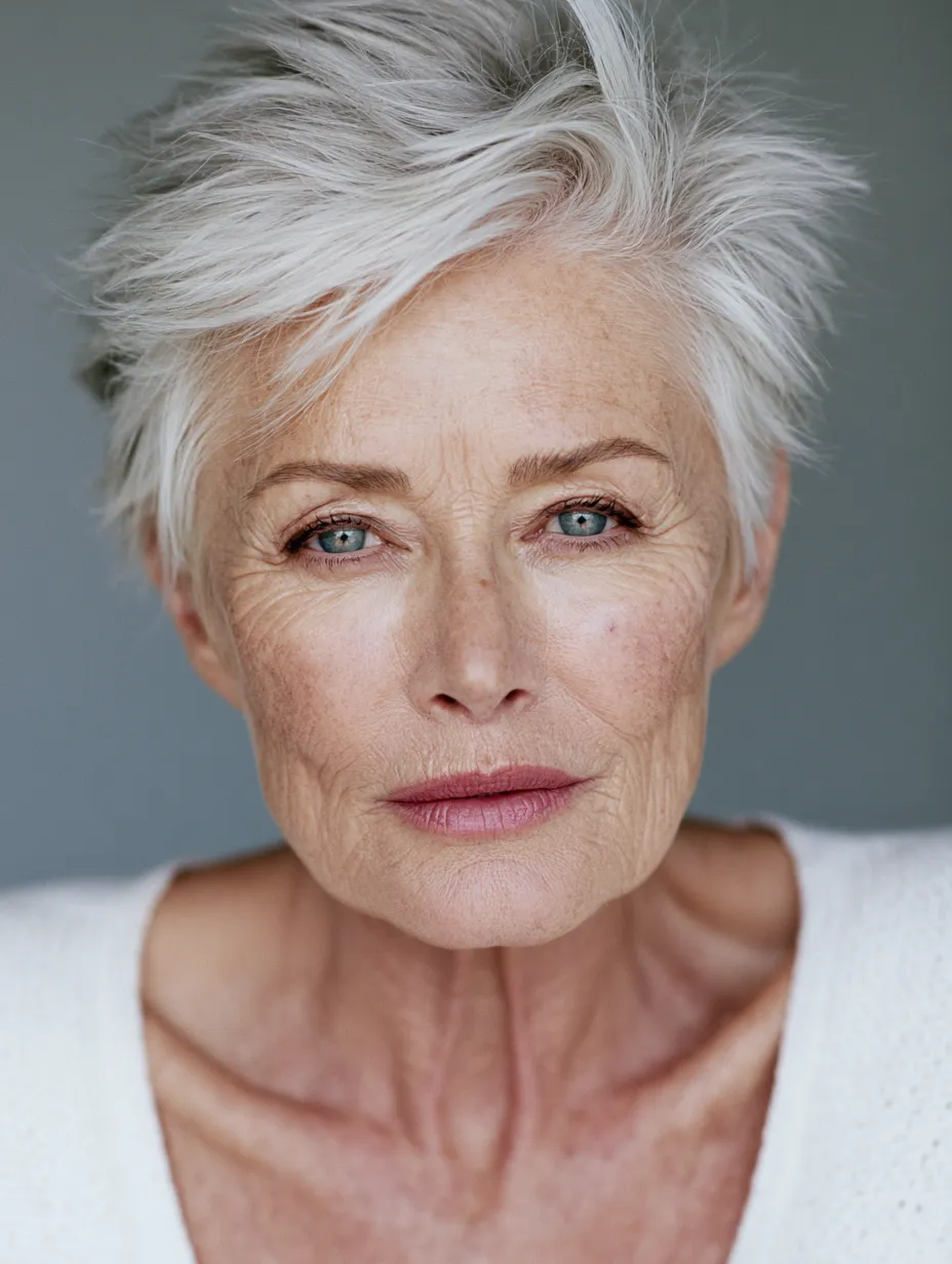 Beauty portrait of a 70-year-old woman with a modern short pixie haircut in natural silver
