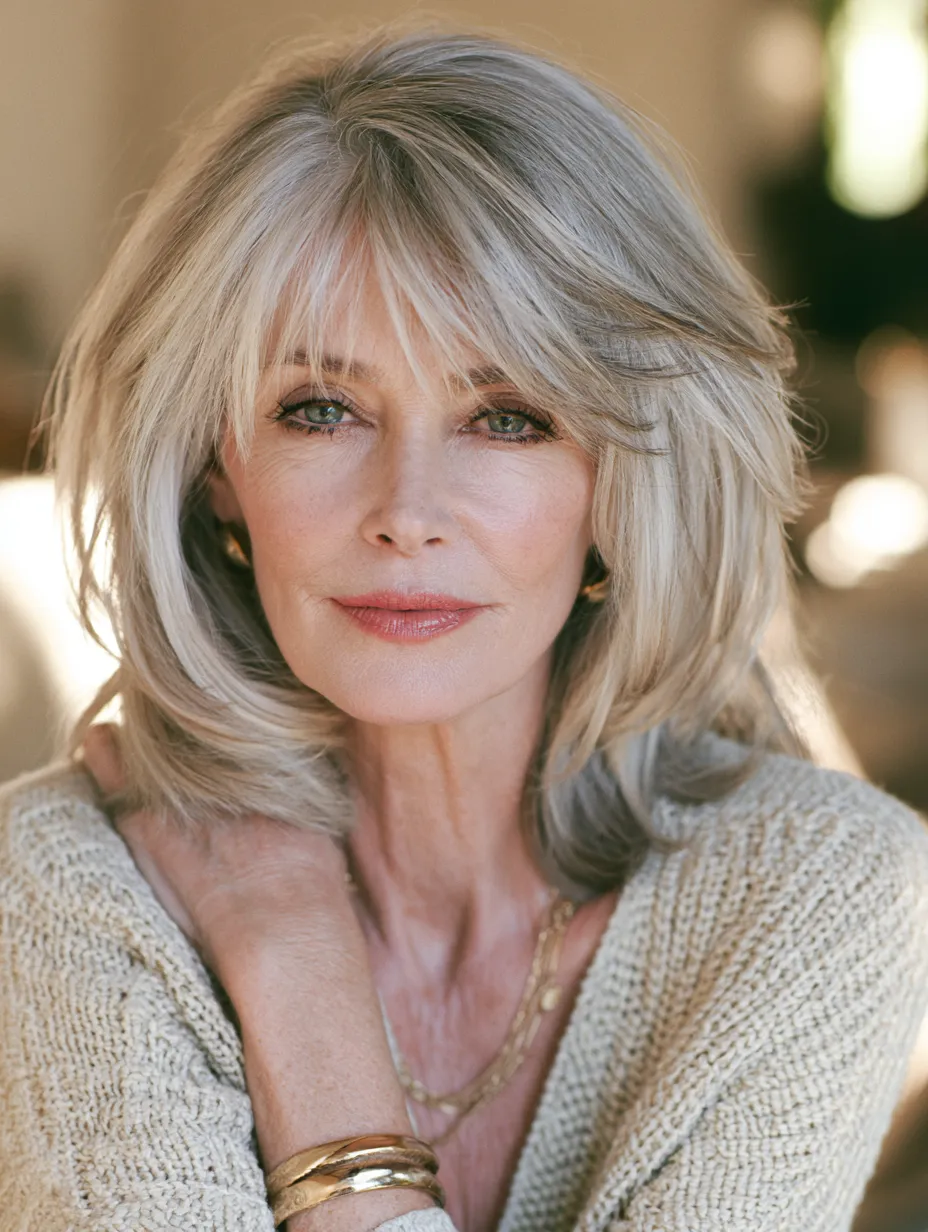 Beautiful hairstyles for women over 70 with platinum blonde highlights and face-framing curtain bangs