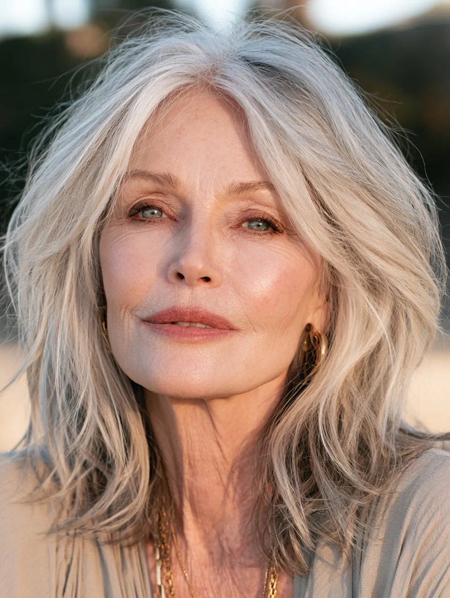 Women over 70 hairstyle with soft medium-length layers, curtain bangs and warm toned highlights