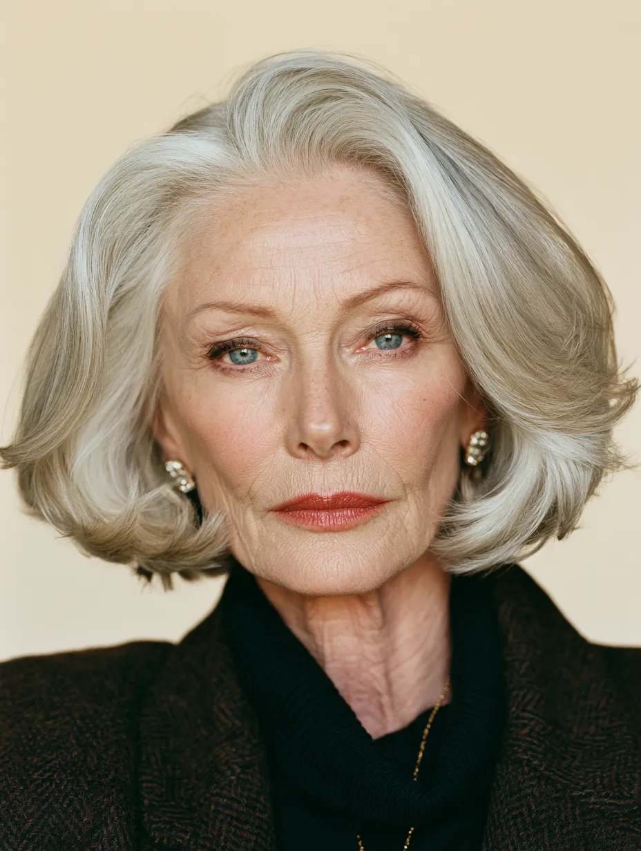 Silver chin-length bob haircut for women over 70 with soft natural waves and elegant styling