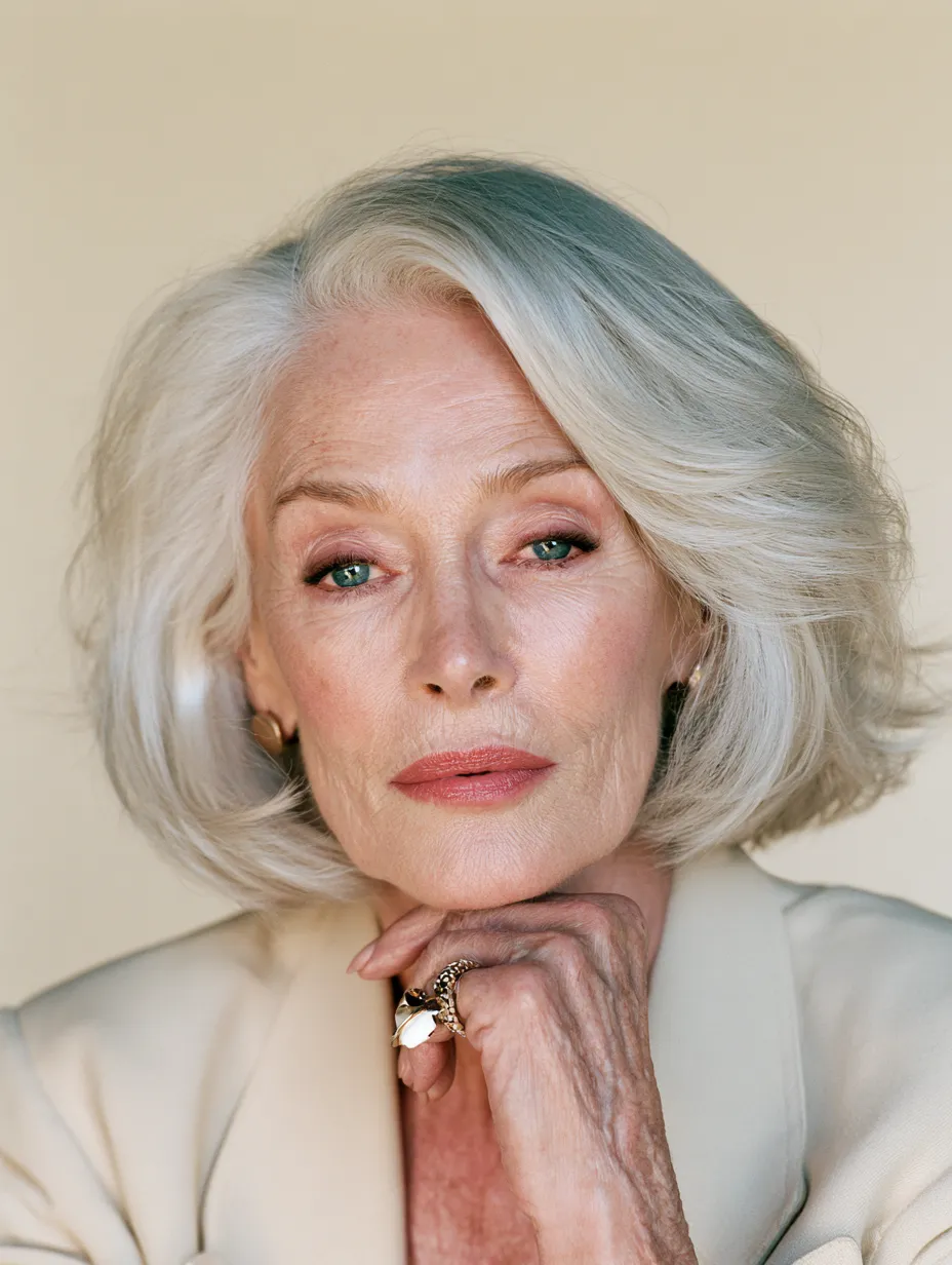Classic bob hairstyle for women over 70 with warm directional lighting and confident expression
