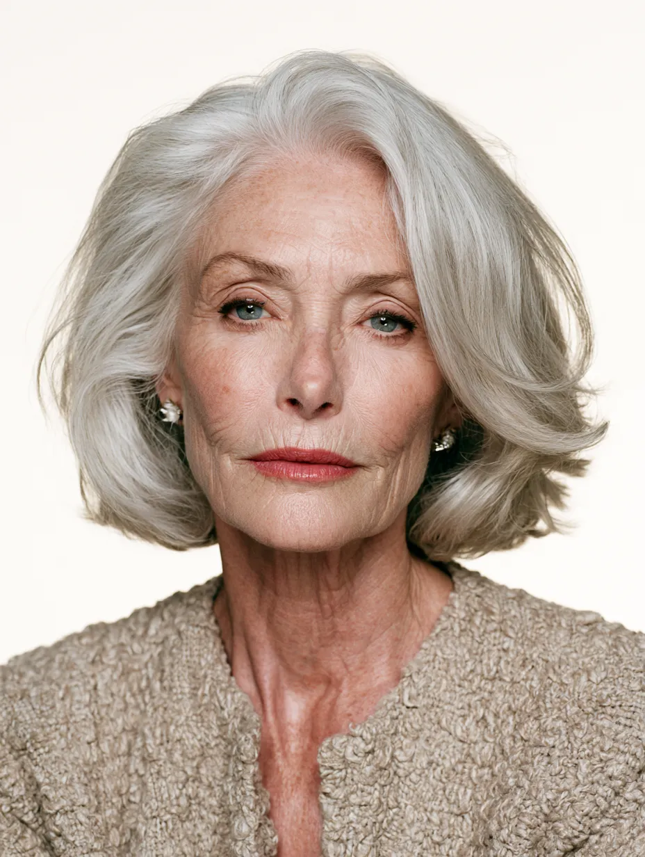 Best hairstyles for women over 70 showing a graceful silver bob with face-framing layers