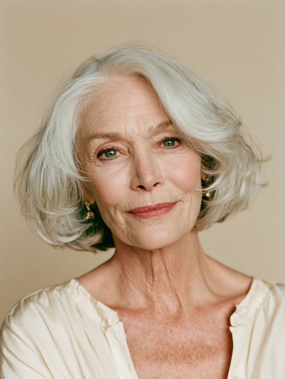 Modern bob haircut for women over 70 featuring natural gray-white color and flowing soft texture