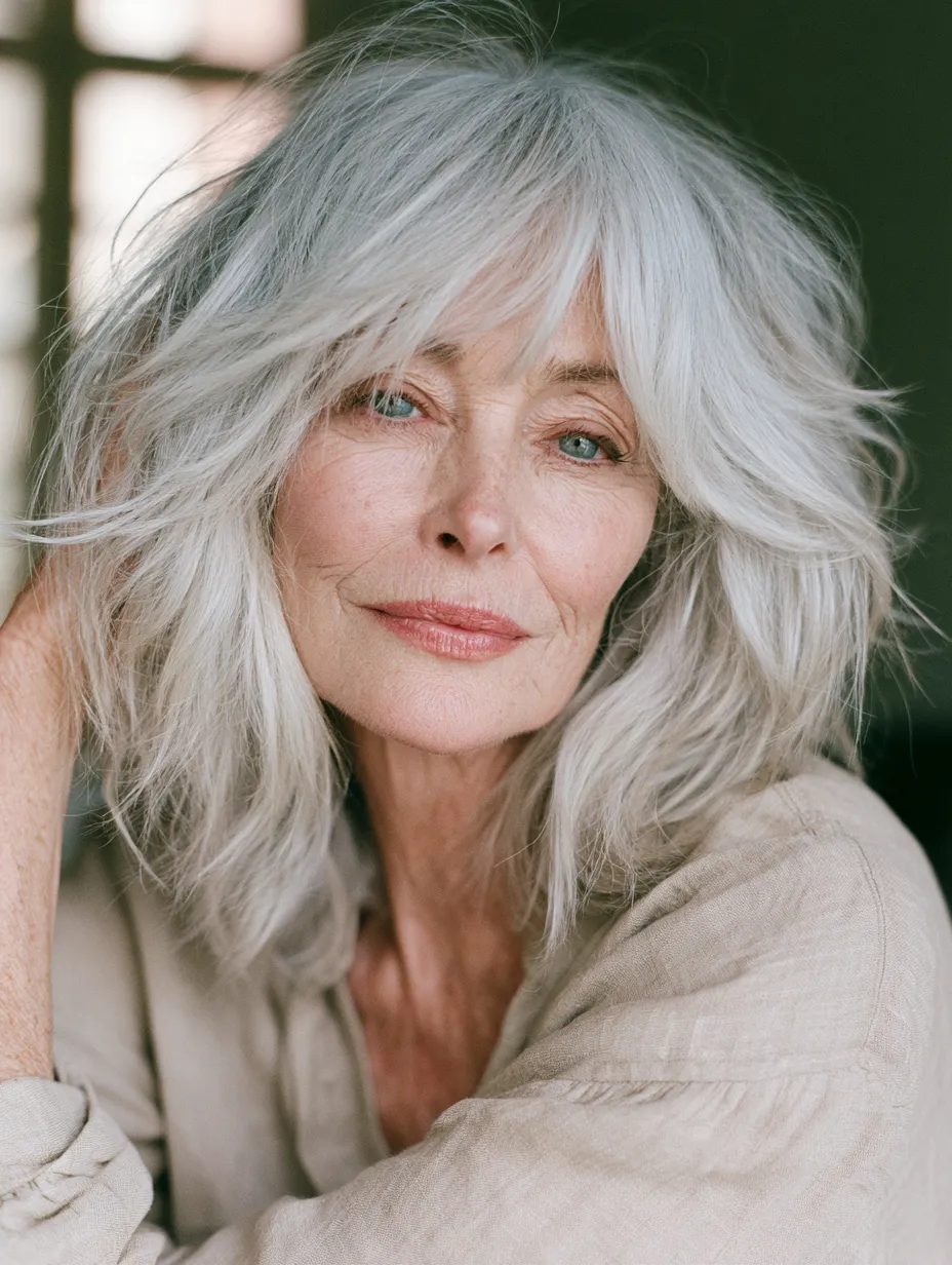 Natural tousled shag hairstyle for women over 70 with layered silver hair and linen styling
