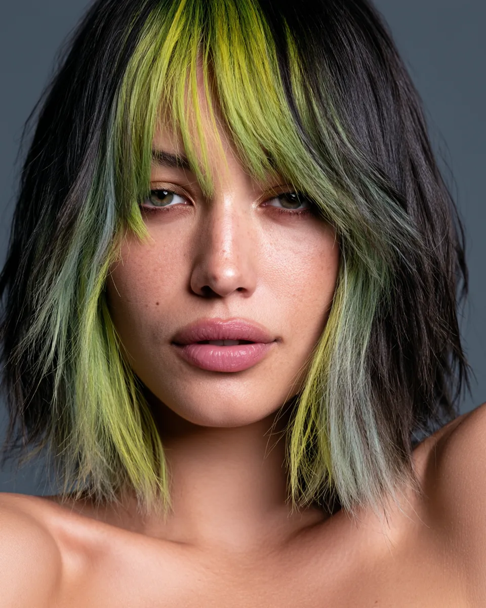 Editorial portrait of hairstyles with bangs on shag cut, high contrast studio