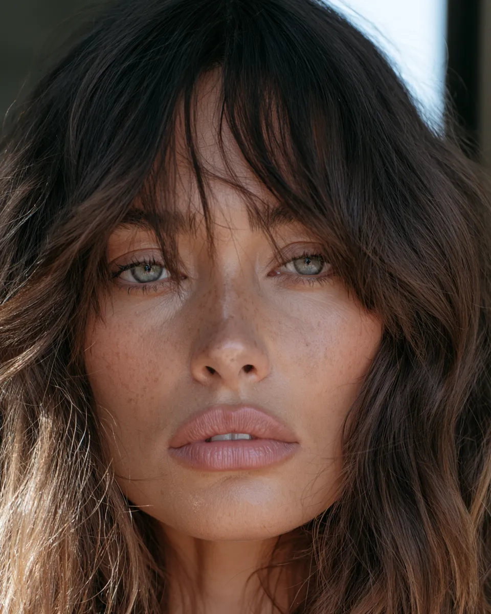 Face-framing hairstyles with bangs on long wavy hair, fashion beauty editorial