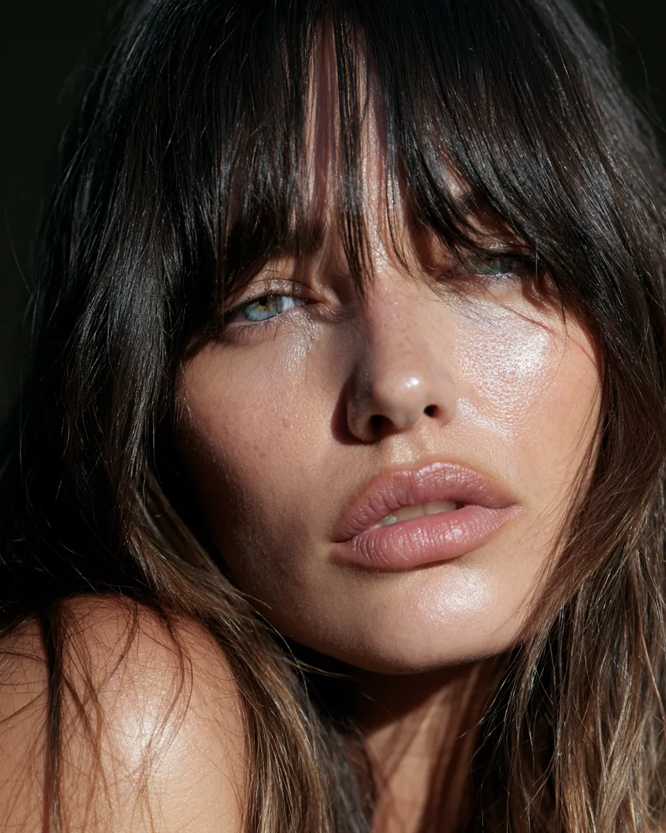 Woman with curtain bang hairstyles with bangs, soft parted fringe, natural window light