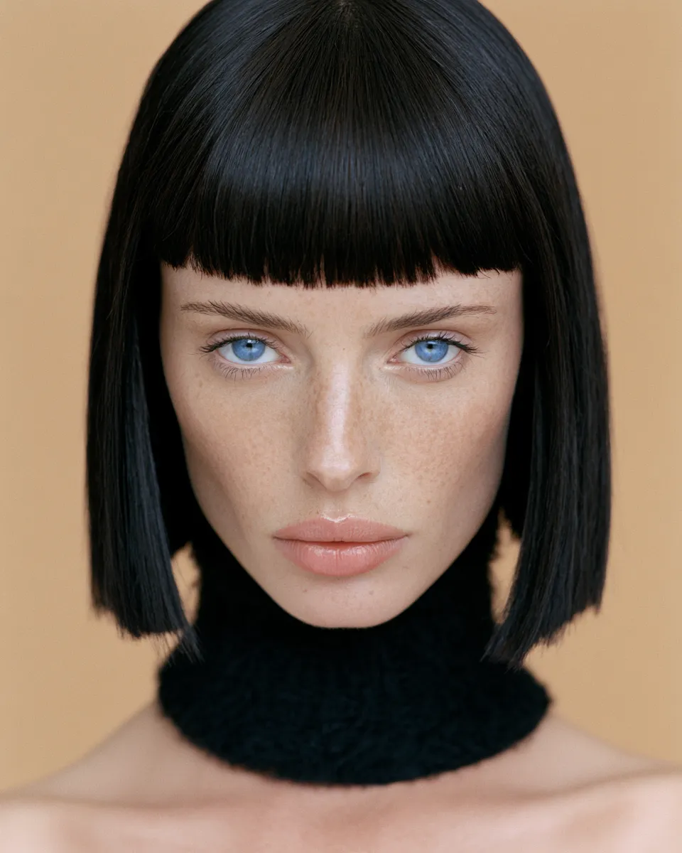 Woman with blunt hairstyle with bangs, sharp framing, studio beauty portrait