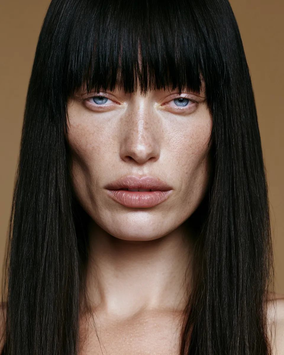 Model with full fringe hairstyle with bangs, editorial close-up face shot