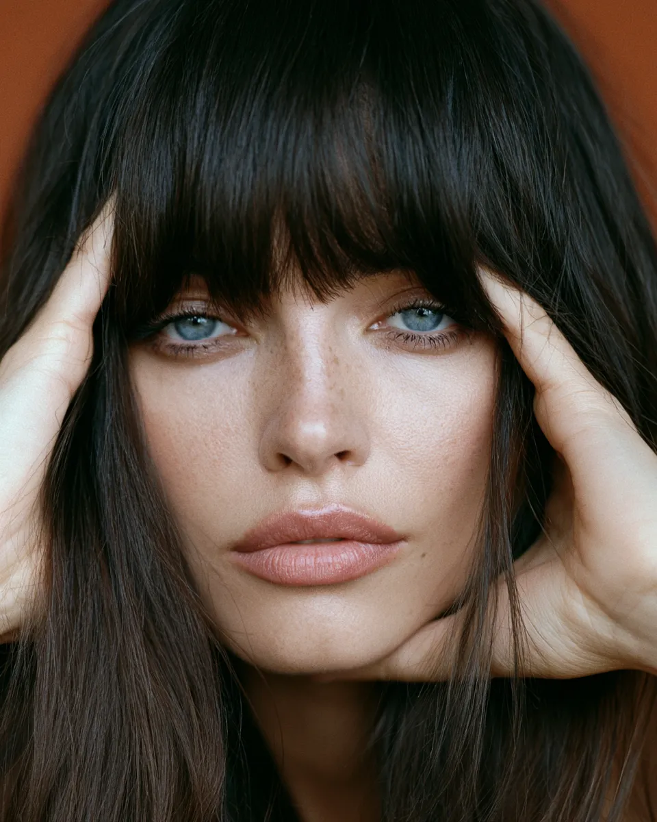 Beauty portrait showing bold hairstyle with bangs and warm studio lighting