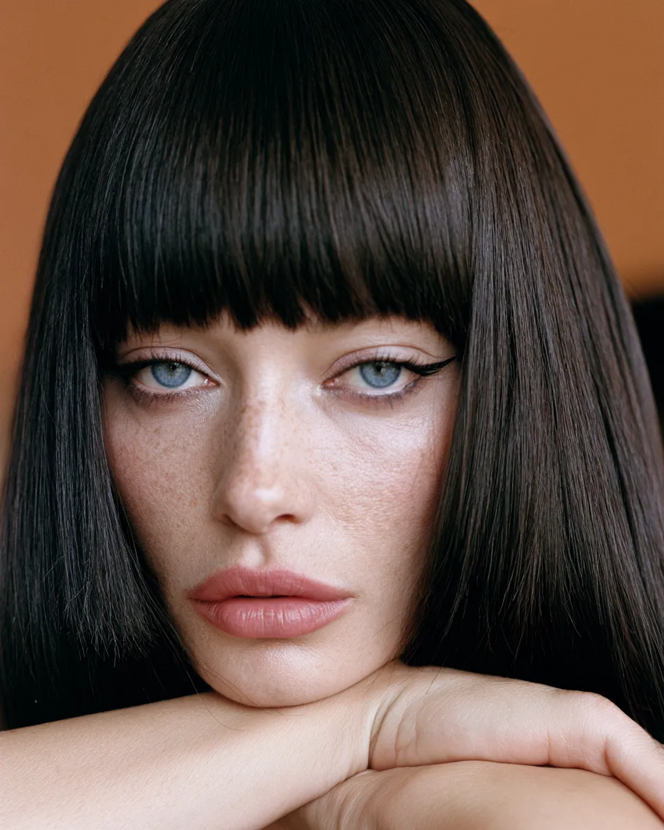 Close-up face of woman with straight-cut hairstyle with bangs, fashion editorial