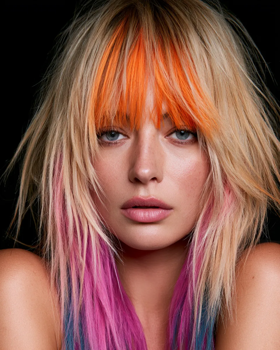 Close-up face with textured shag hairstyle and bangs, beauty magazine portrait