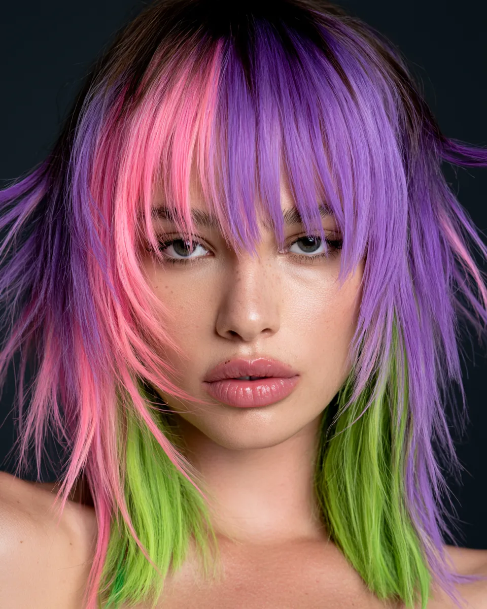 Woman with shag hairstyle with bangs, vibrant color, dramatic editorial lighting