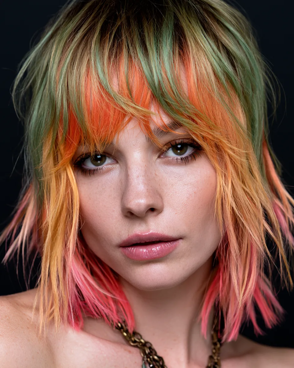 Model showing layered shag haircut with bangs framing the face, bold color