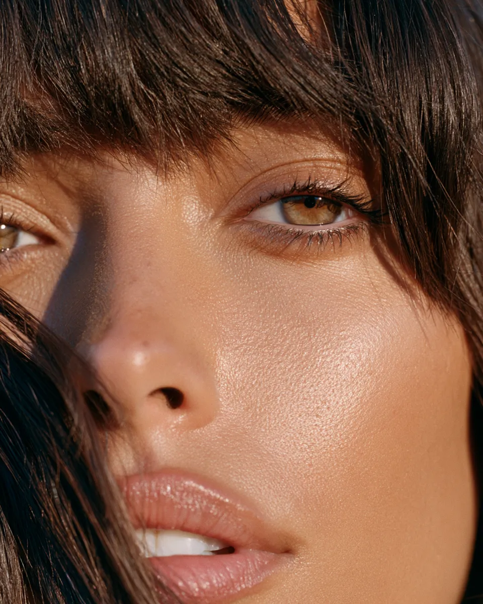 Beauty editorial close-up of hairstyles with bangs swept to the side, vintage styling