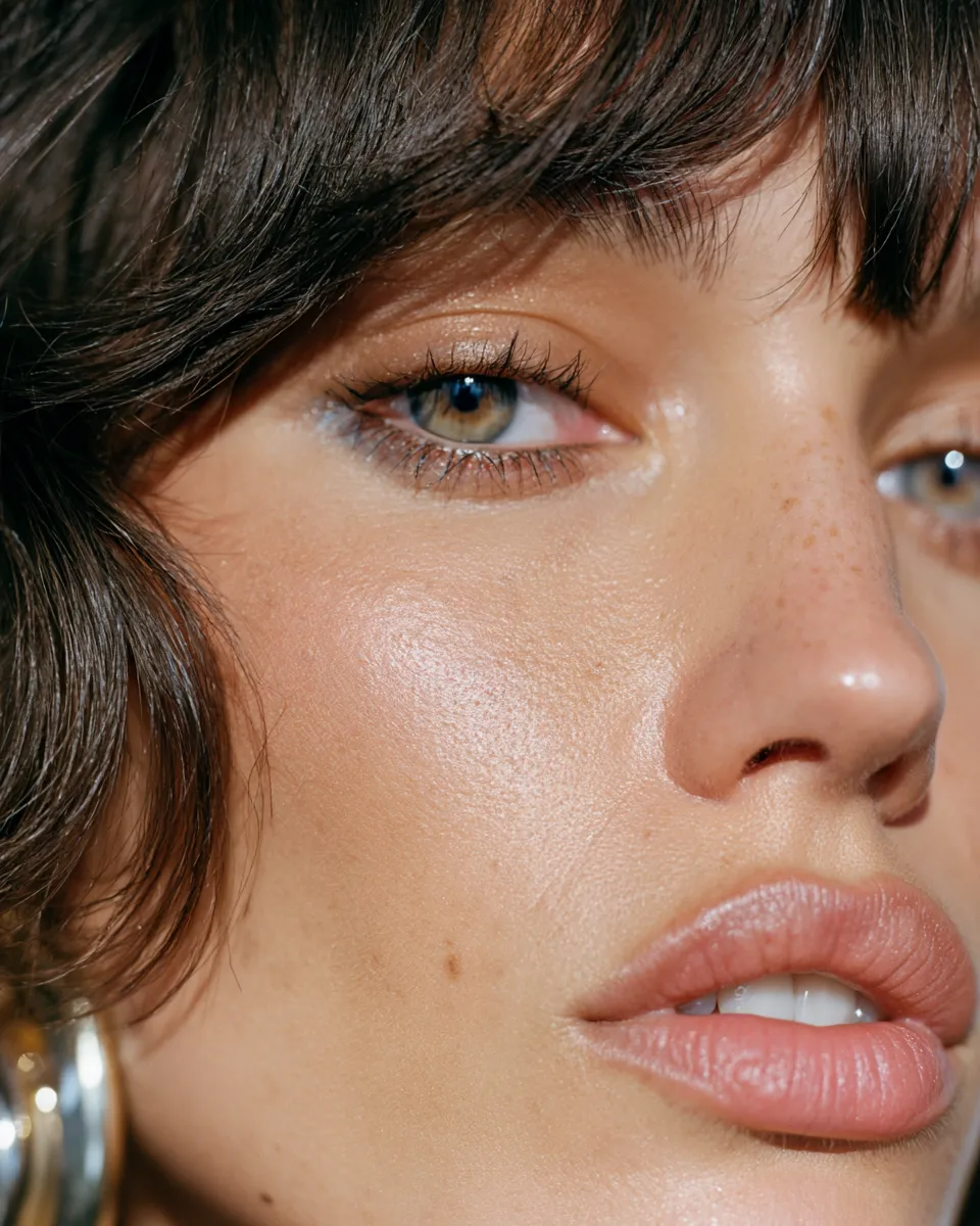 Face-framing side swept hairstyle with bangs, golden hour beauty editorial