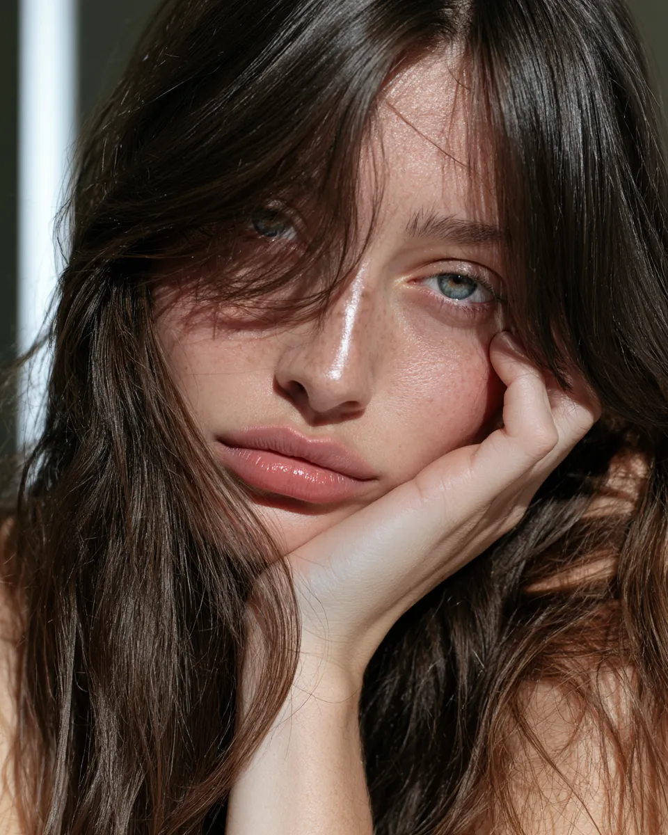 Close-up editorial photo of hairstyles with bangs parted down center, warm daylight