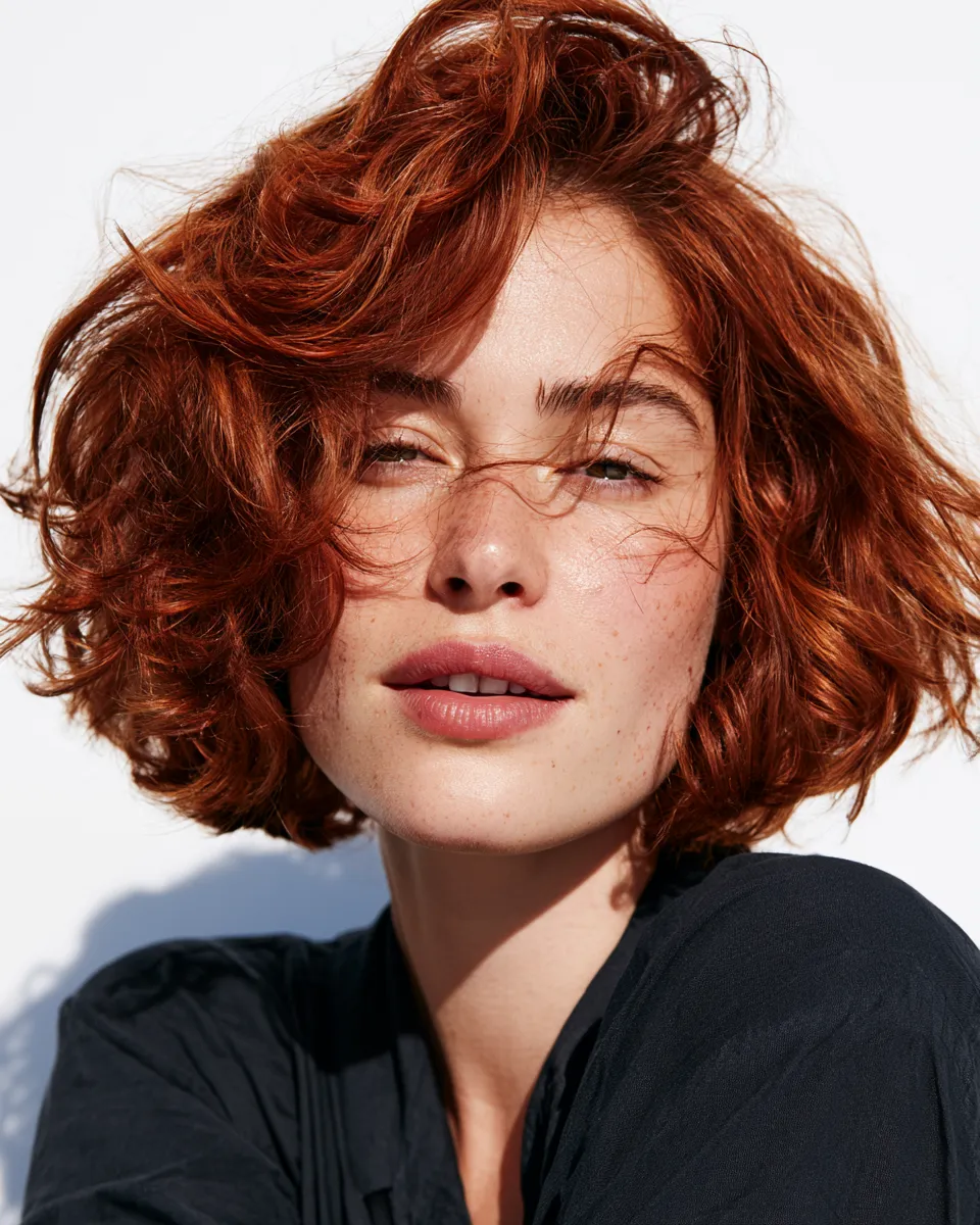 Short hair overnight waves result on a natural-looking woman with vibrant hair color