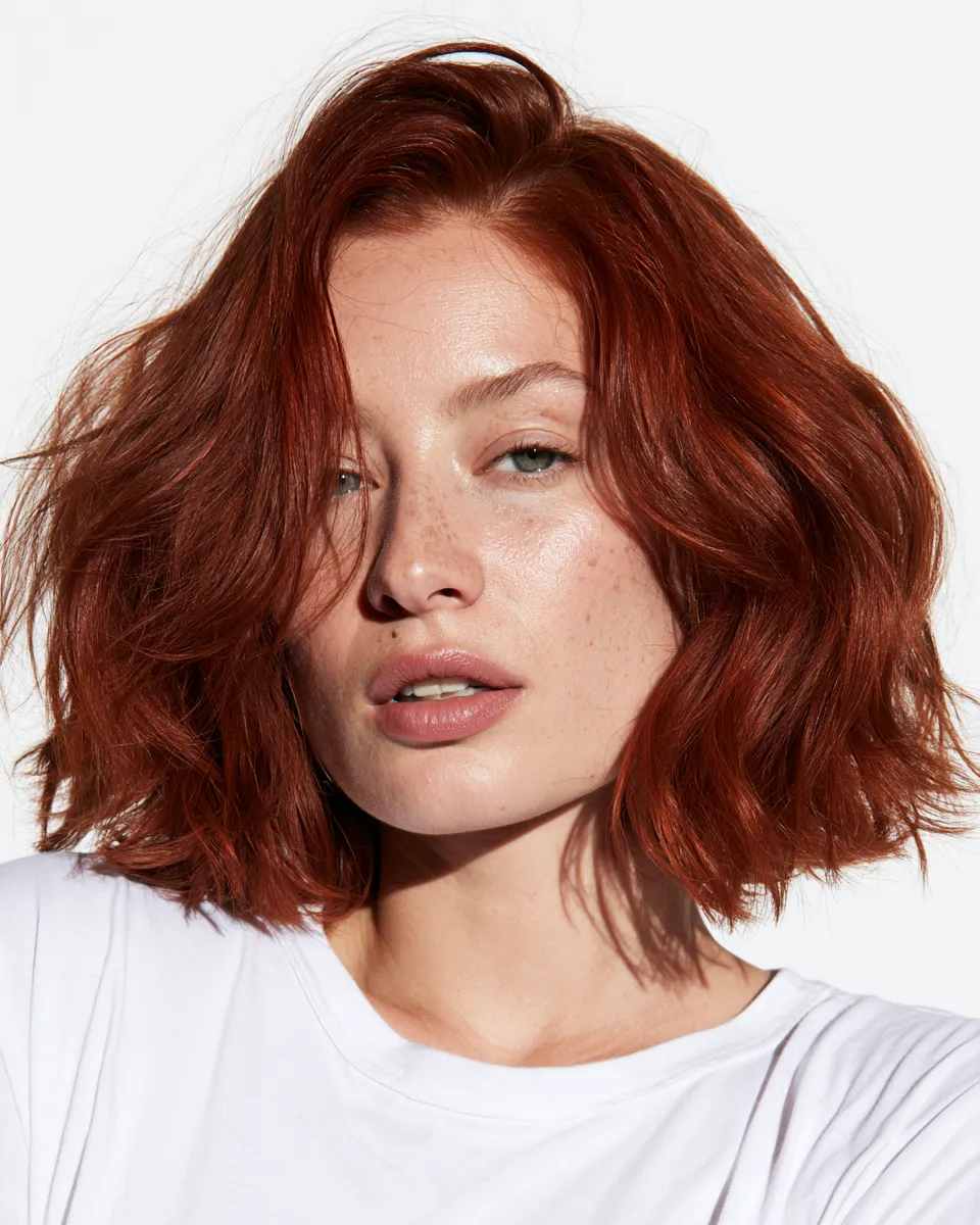 Woman with short copper bob showing off heatless waves that held overnight