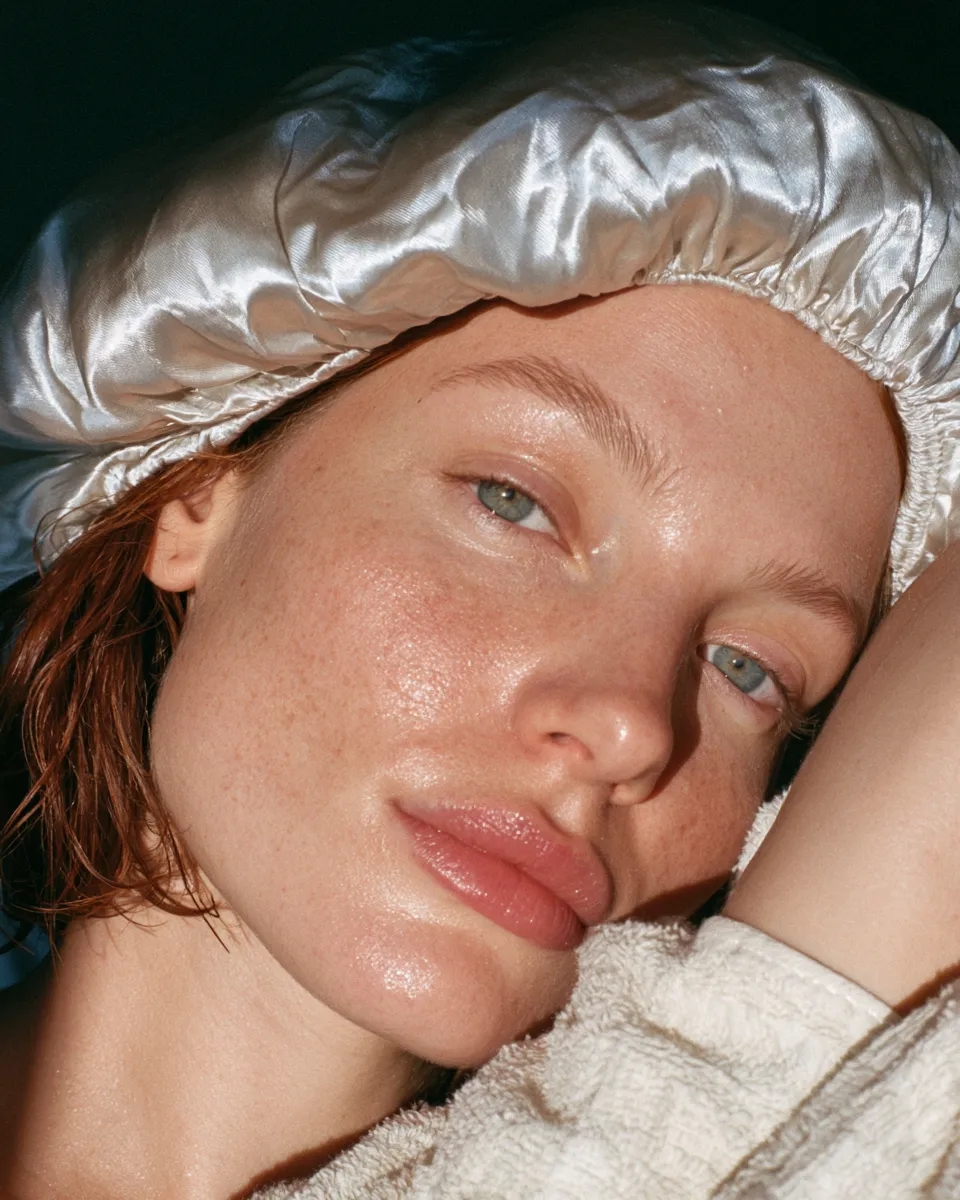 Woman with short auburn hair in satin bonnet ready for overnight heatless waves