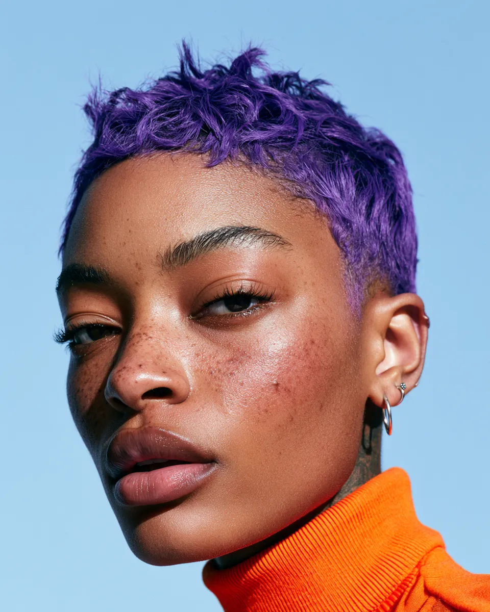 Vivid violet pixie cut with heatless overnight waves that held till morning
