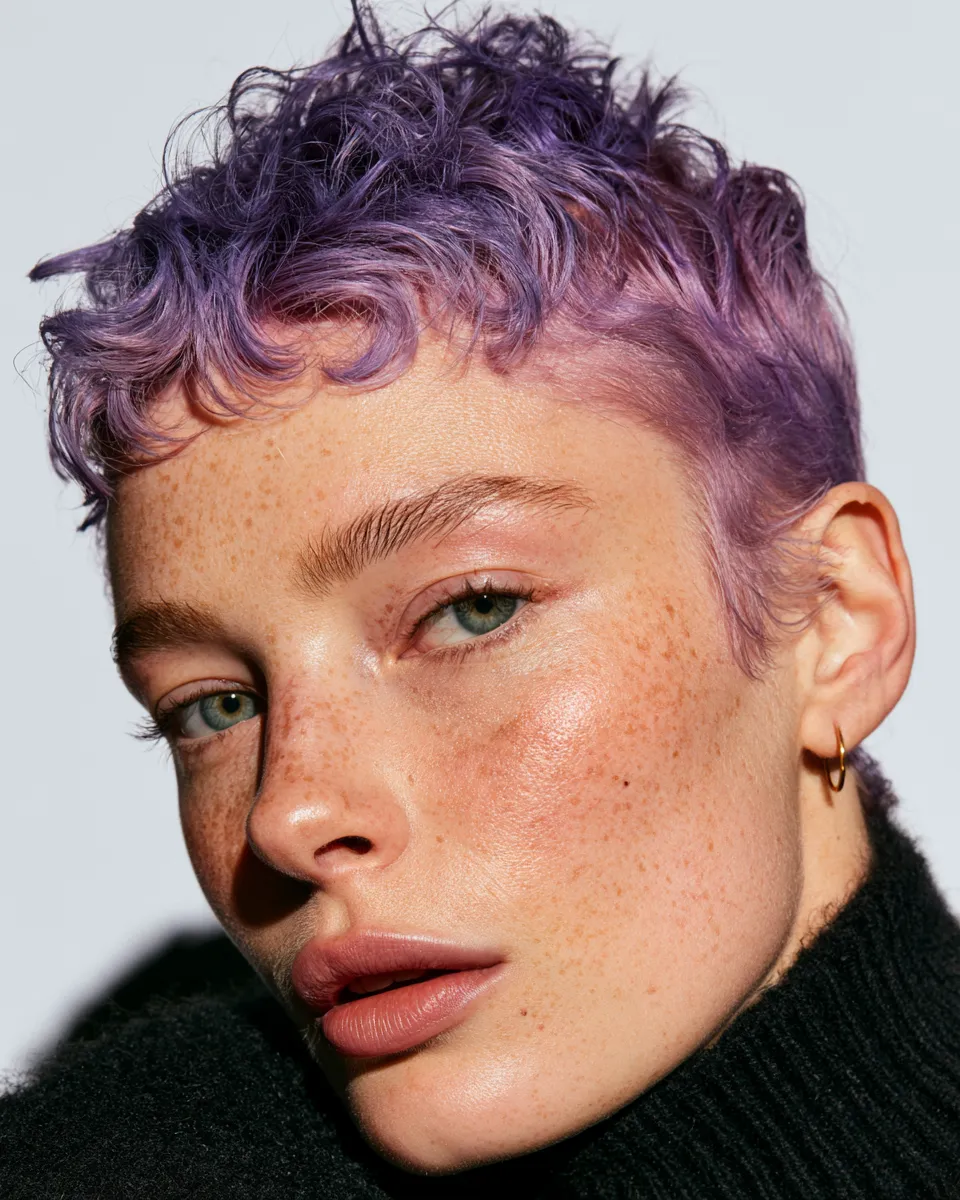 Short pixie with no heat waves overnight, morning texture result in violet hair