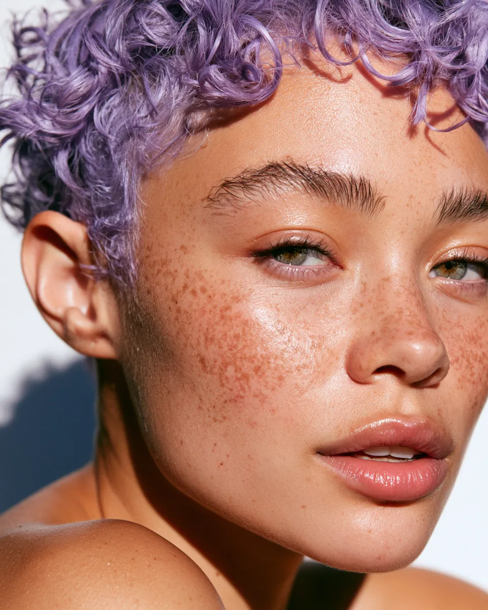 Overnight no-heat wave result on very short violet hair, beauty editorial photo