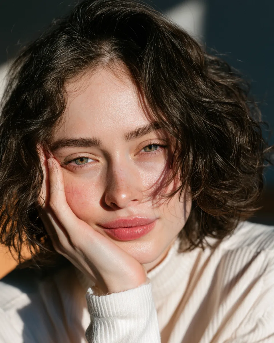Short dark brown hair with overnight braid waves that held till morning