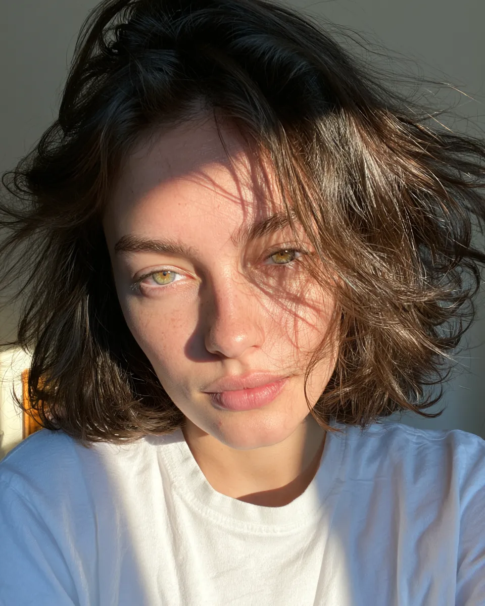 Heatless short hair waves from braiding, morning result with natural texture
