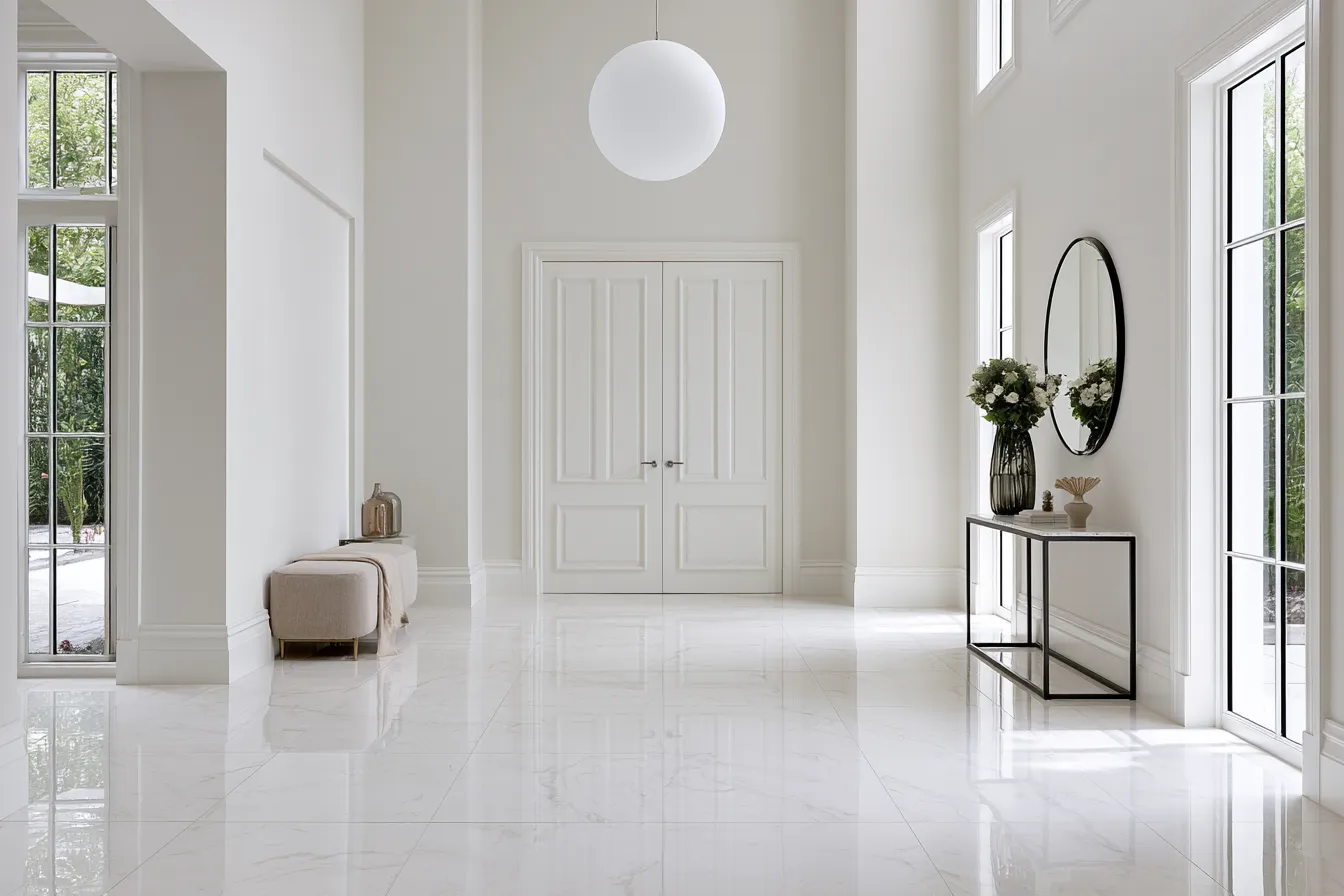 Interior home entrance design with bright natural light and architectural details