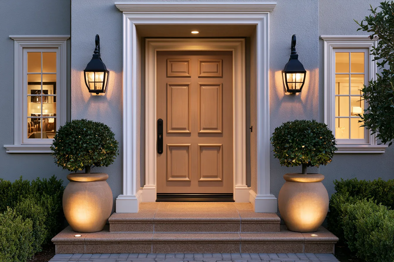 Home entrance design with grand front door and warm evening lighting