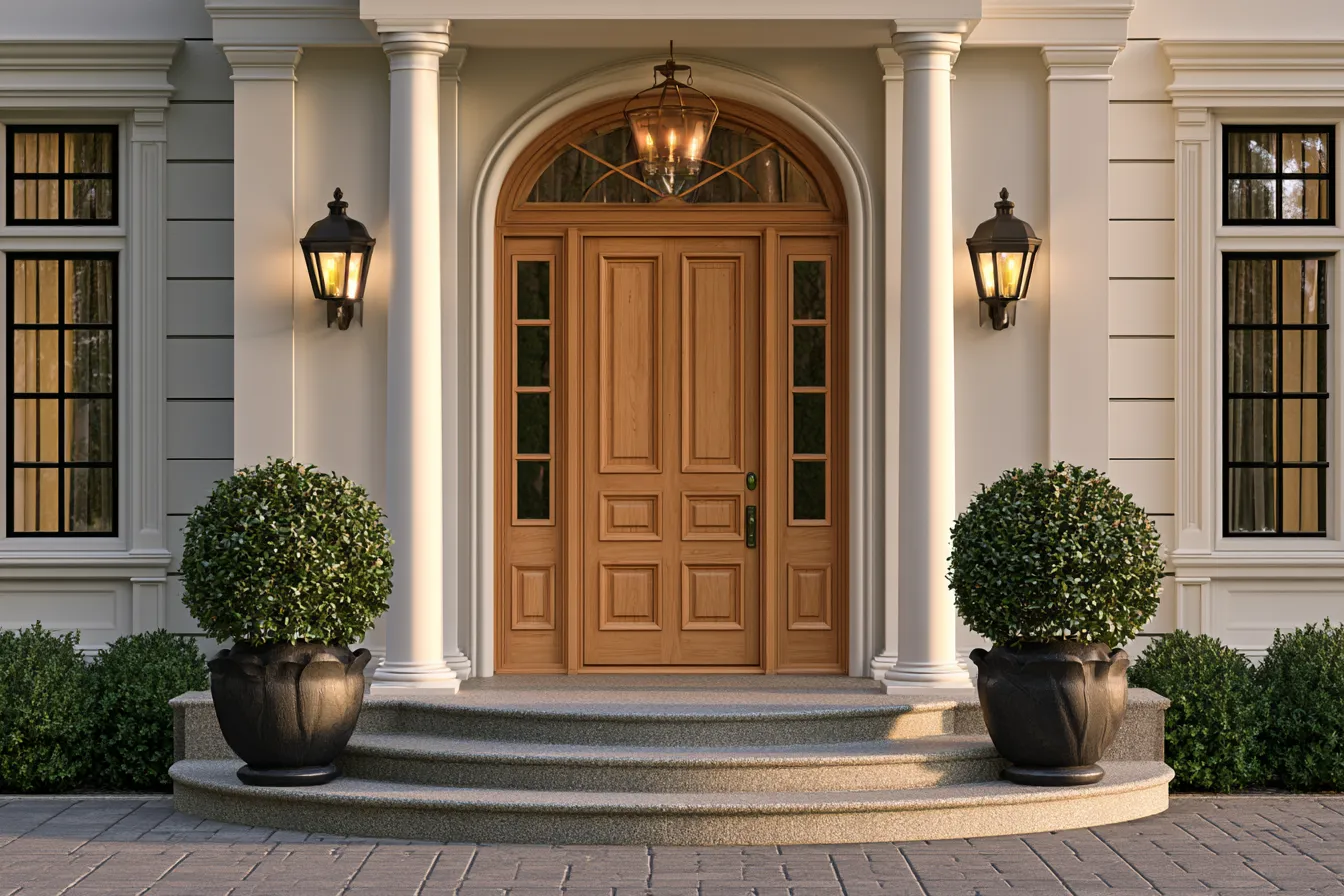 Modern house entrance design featuring symmetrical planters and architectural details