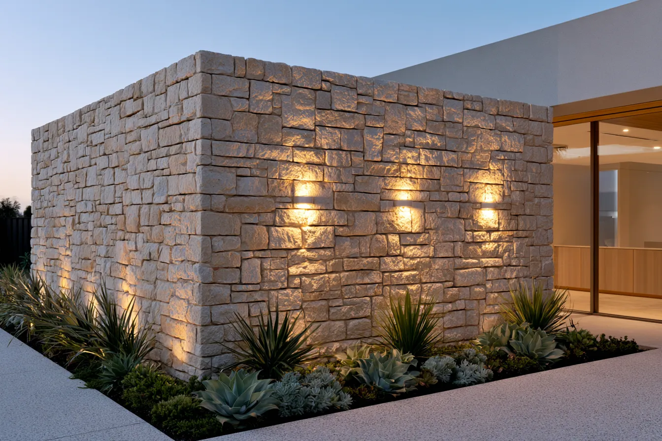Exterior home entrance design featuring textured wall materials and architectural planting