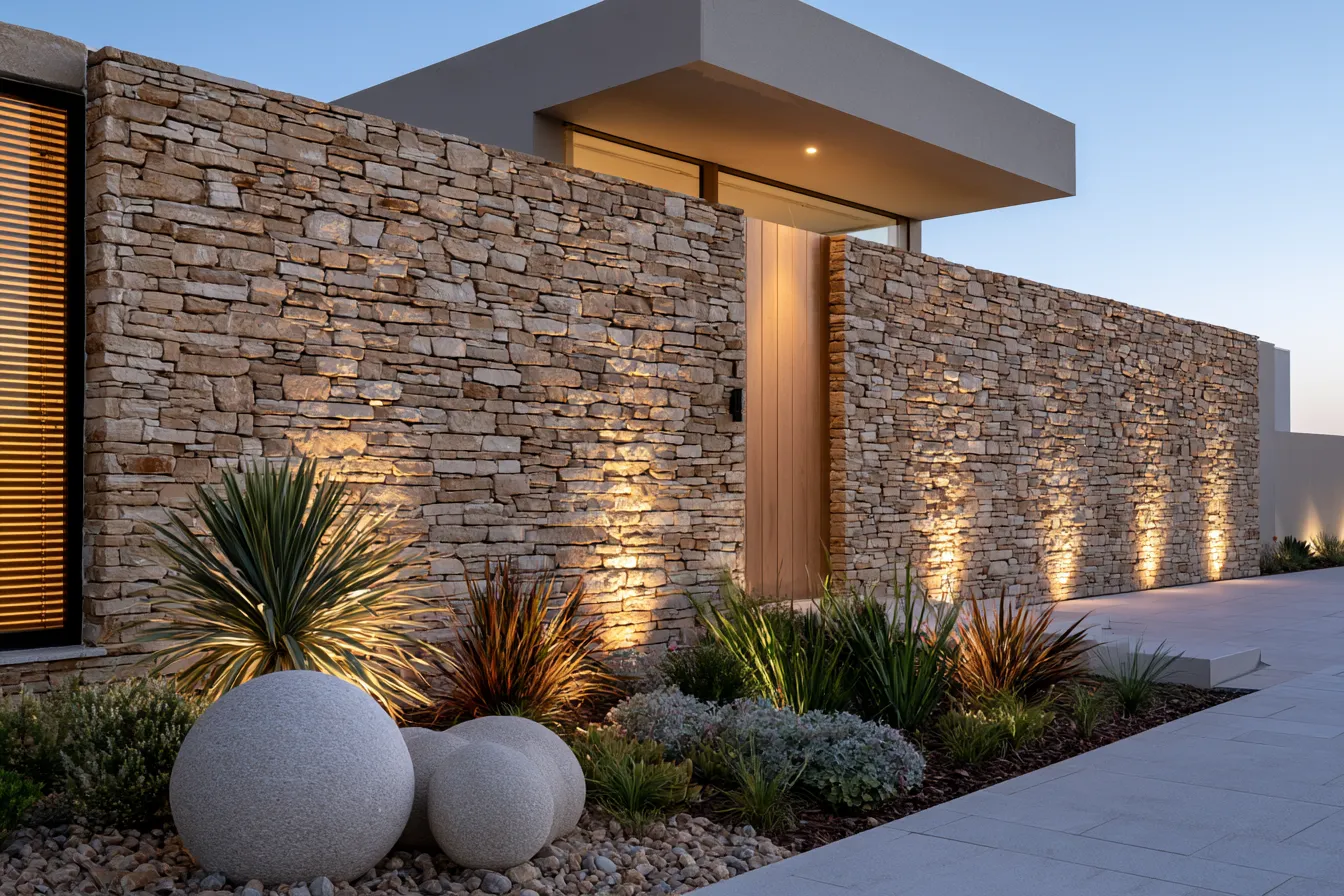 House facade entrance design with warm stone finish and evening illumination