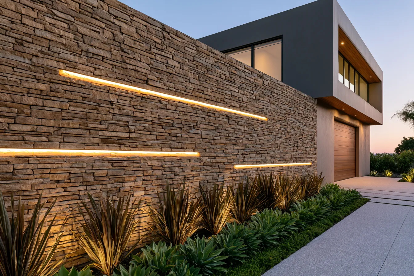 Front entrance design for home showcasing mixed material wall treatment at golden hour
