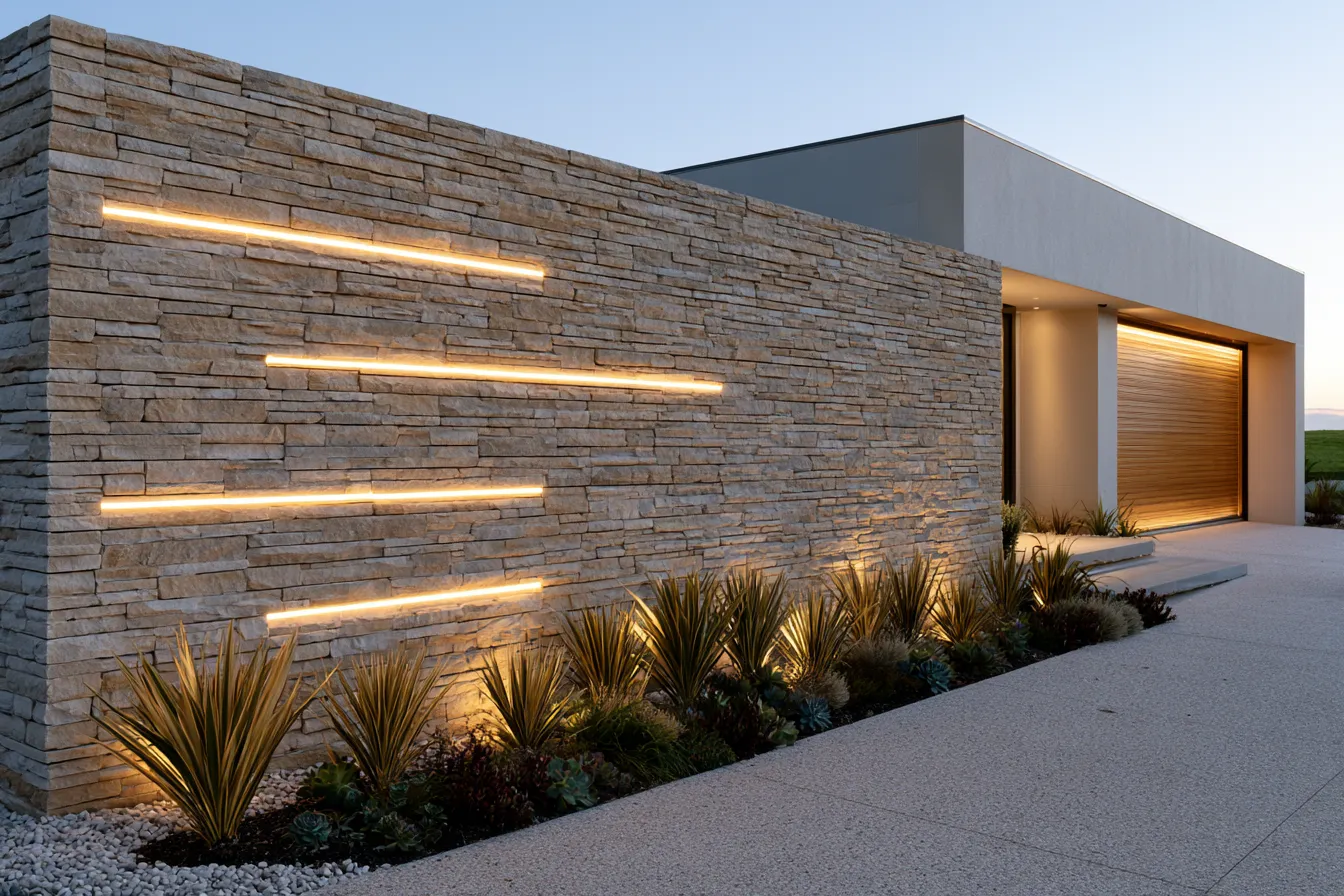 Outside entrance wall design with natural stone cladding and integrated lighting