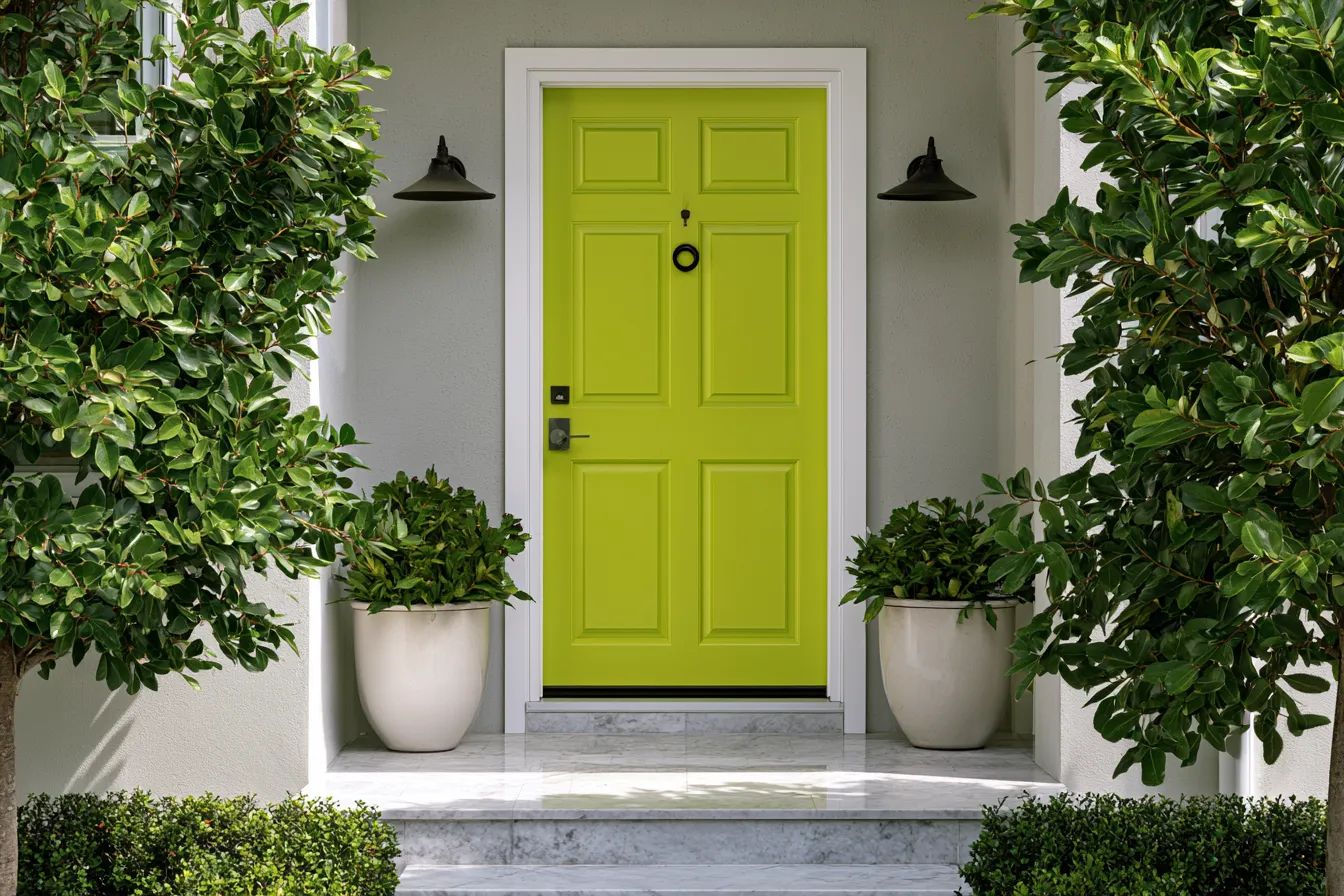 Front entrance door design with bold color and flanking greenery