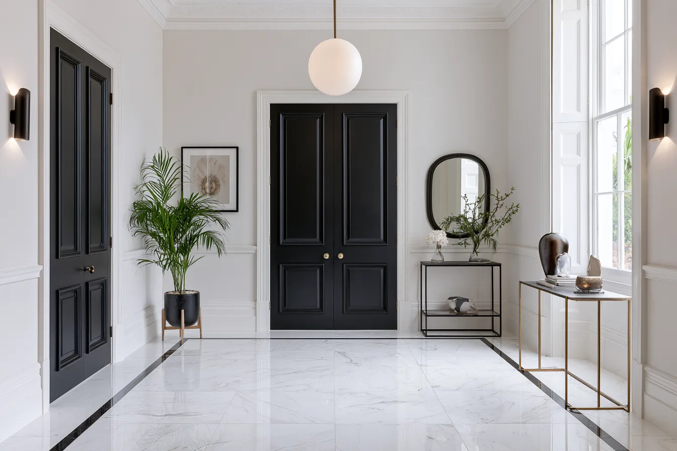 Elegant entrance design interior with marble flooring and sculptural light fixture