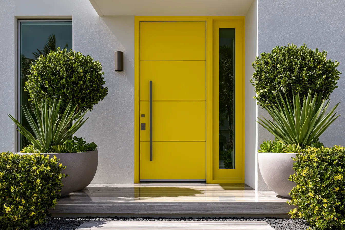 Modern house front door design with polished stone threshold