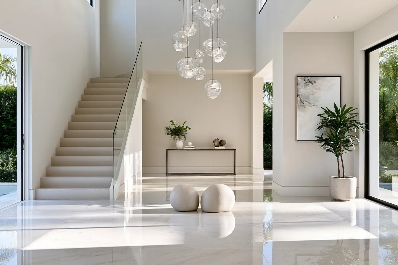 Modern entrance foyer design with marble floor and statement pendant lighting