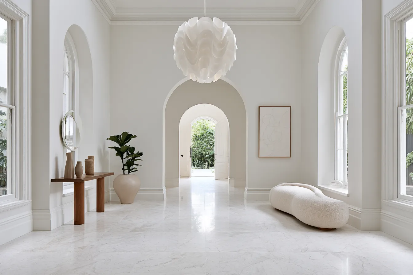 Contemporary house entrance hall design featuring high ceilings and minimal decor