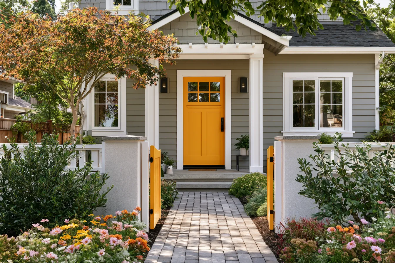 Exterior entrance design for house featuring canopy, path and coordinated gate