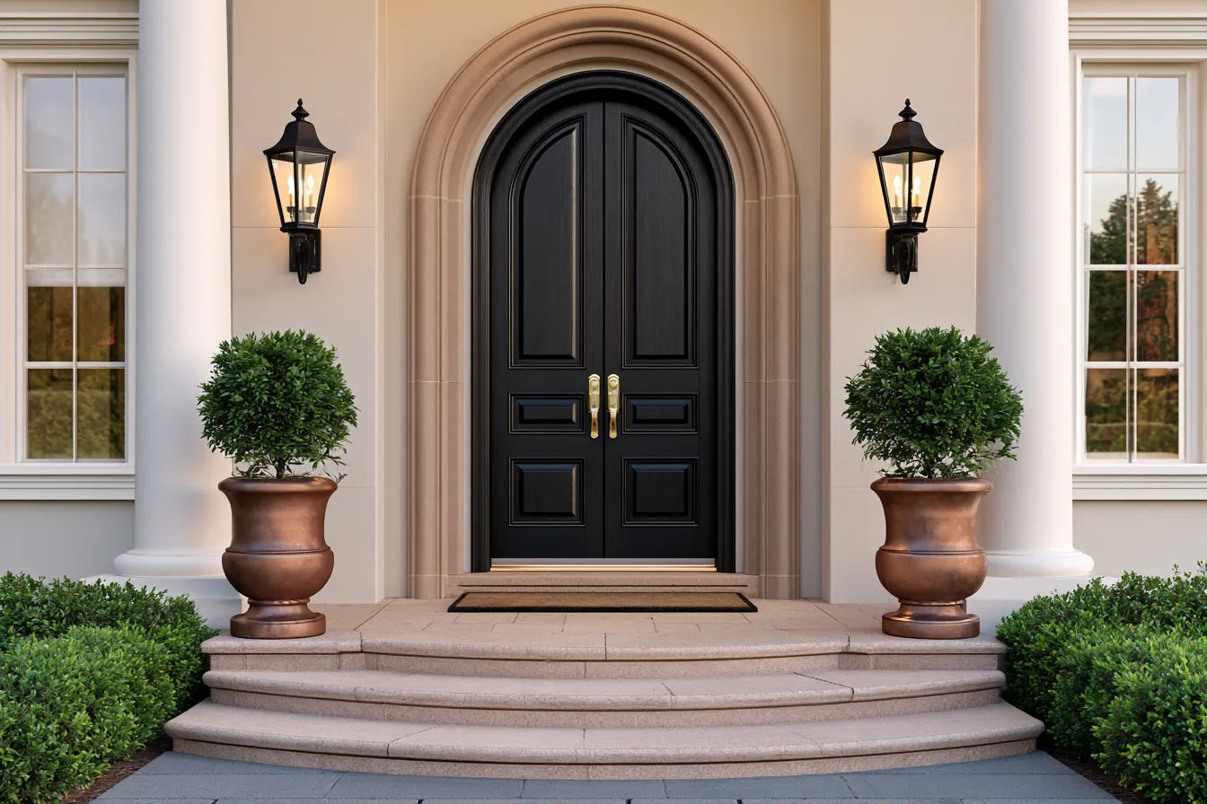 Elegant main entrance design for home with warm facade lighting and stone steps