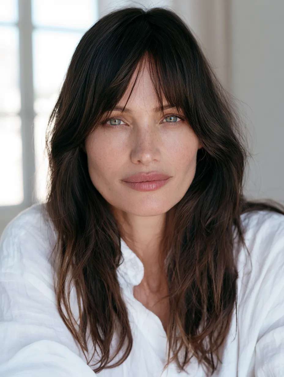 Thick dark hair curtain bangs styled without heat on second day, woman in her 40s
