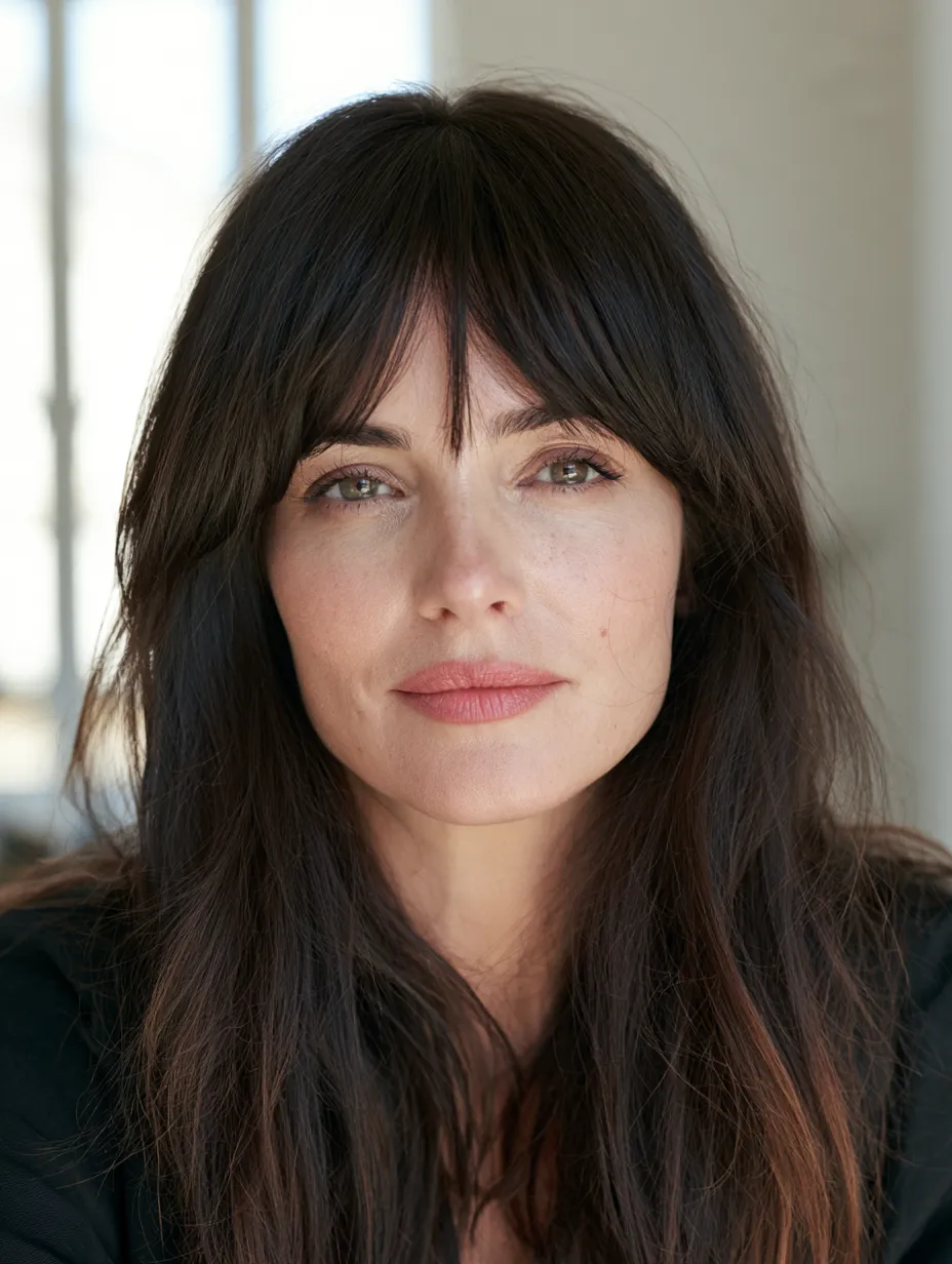 Heatless curtain bangs on second day thick hair, editorial portrait