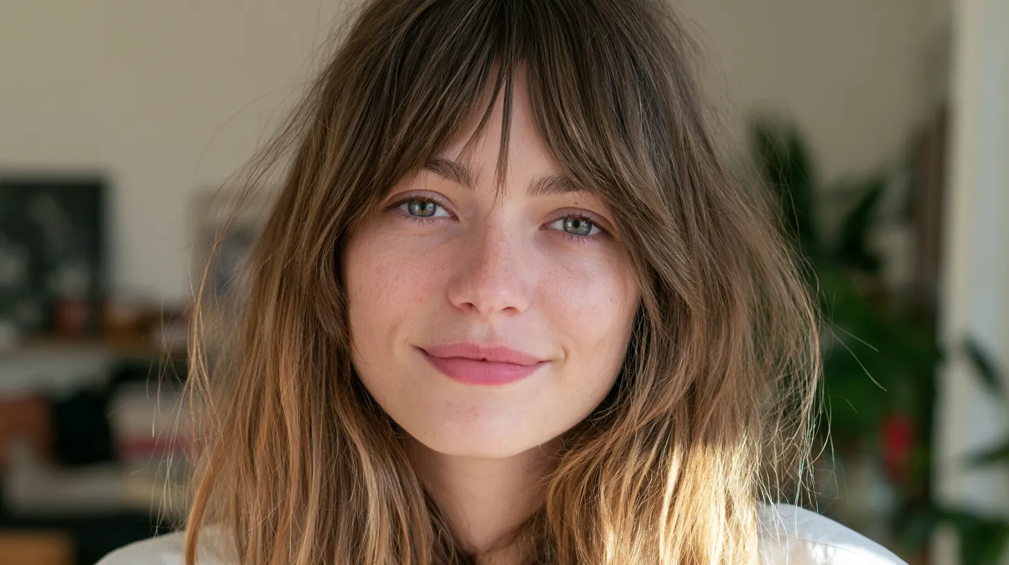 Light brown curtain bangs on second day hair styled without heat, layered shoulder length